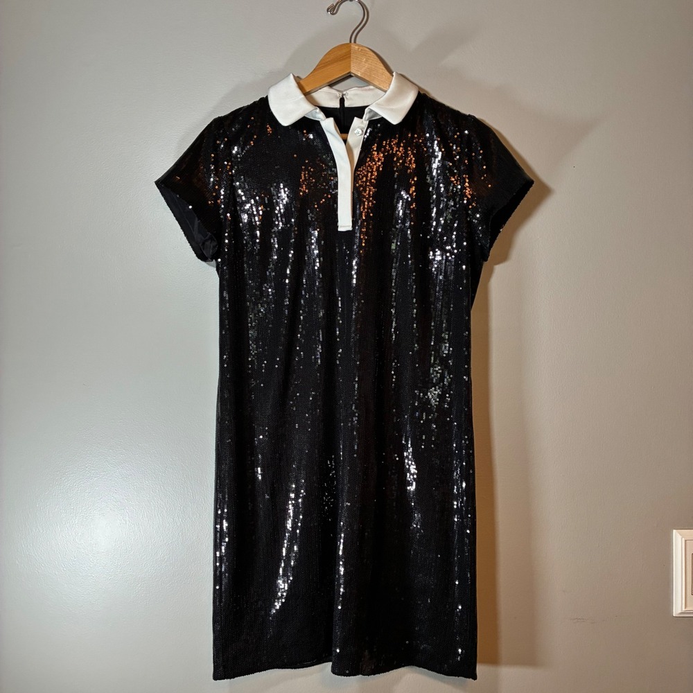 Ann Taylor Petite 10P Black Sequin Shift Dress White Contrast Collar Mini Party